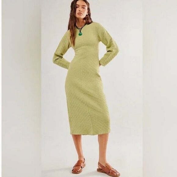 NWT Free People Yellow Gabby Seamless Midi DressIn Dried Aloe-GG14 - Picture 1 of 5